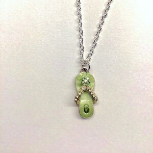 Beachy Sea Glass Green Rhinestone Flip Flop Charm Silver Delicate Chain Necklace